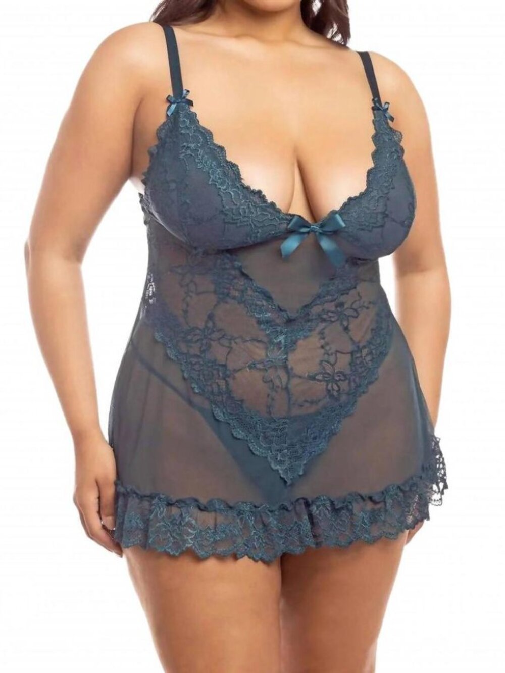 oh‎ la la cheri PLUS 1X/2X Teal Floral Lace Babydoll Set Lingerie